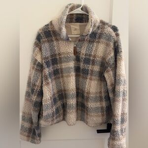 Thread & Supply Blue and Cream Plaid Sherpa Quarter Zip